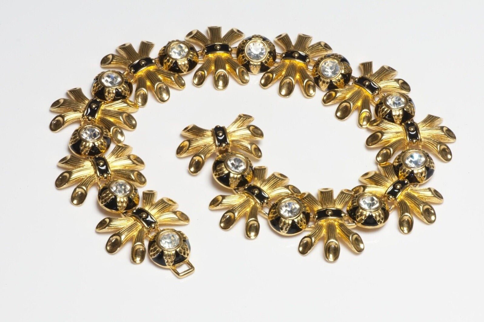 Vintage Fendi Gold Plated Black Enamel Crystal Collar Necklace