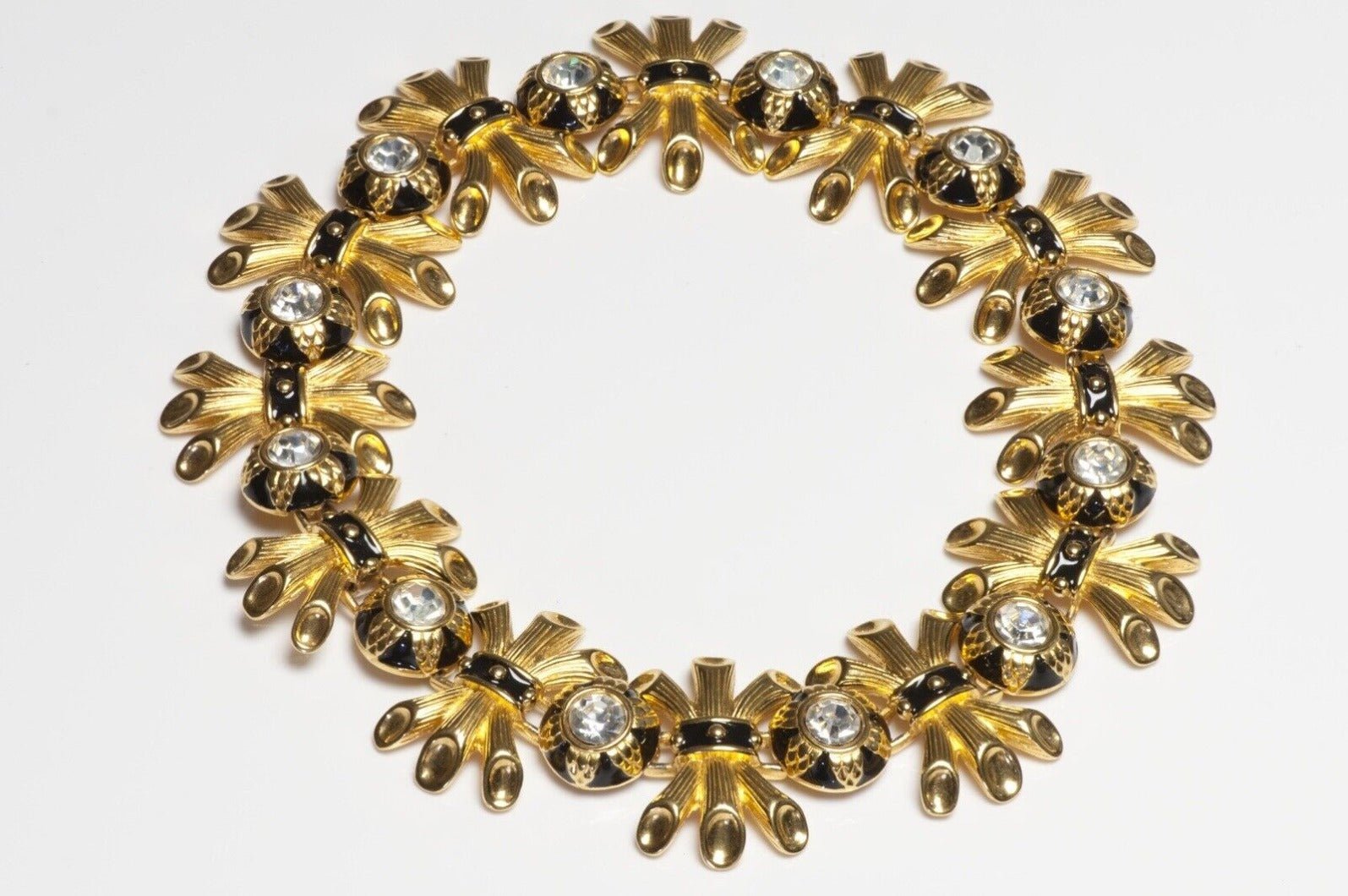 Vintage Fendi Gold Plated Black Enamel Crystal Collar Necklace