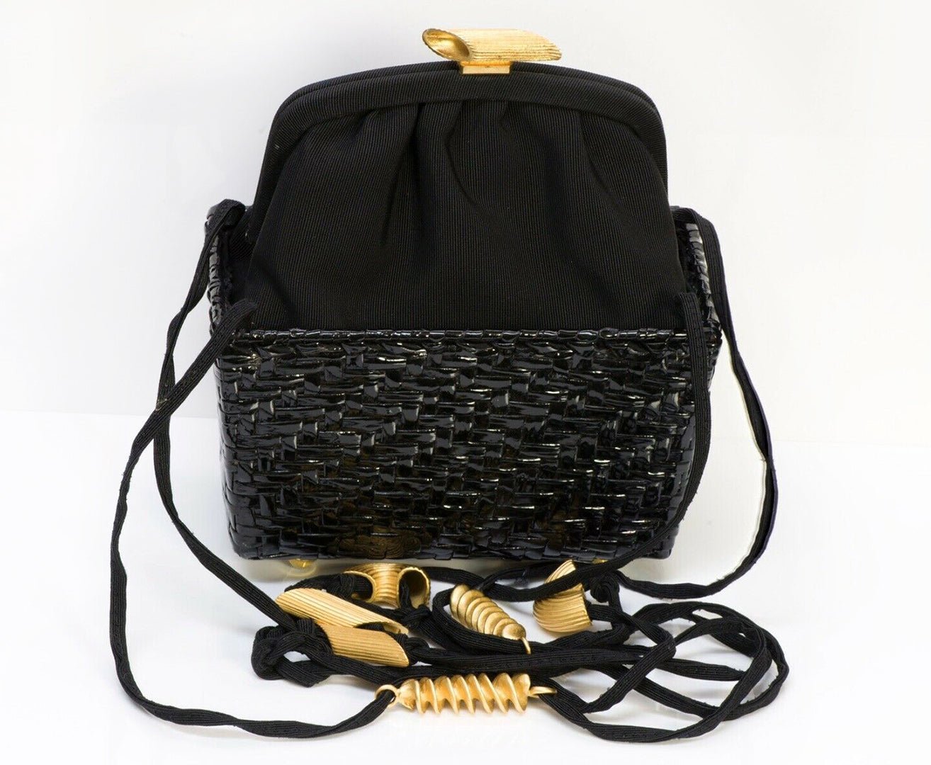Vintage FENDI Pasta Style Black Satin Lacquered Basket Double Handle Mini Bag