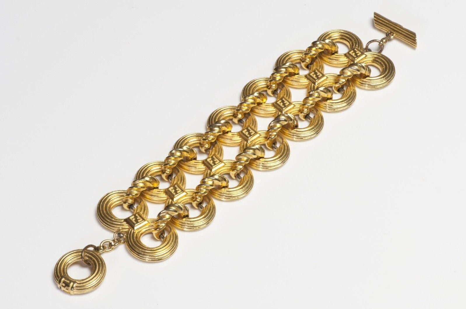 Vintage Fendi Wide Gold Plated Monogram Chain Link Bracelet