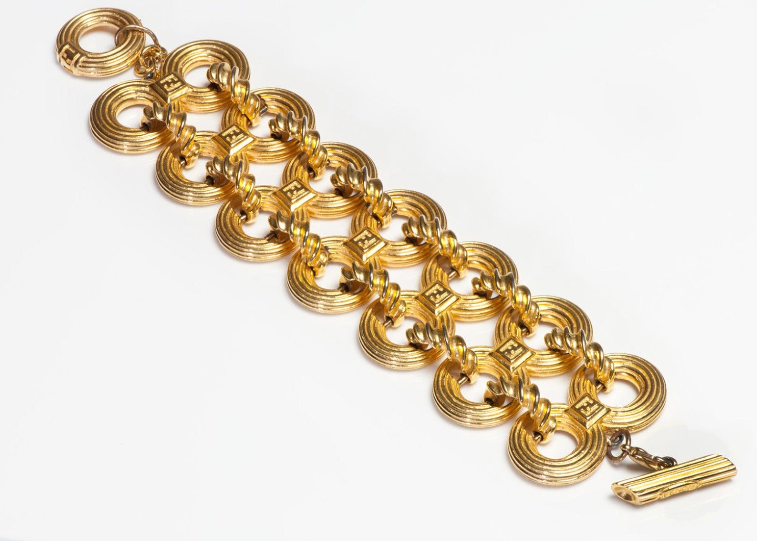 Vintage Fendi Wide Gold Plated Monogram Chain Link Bracelet