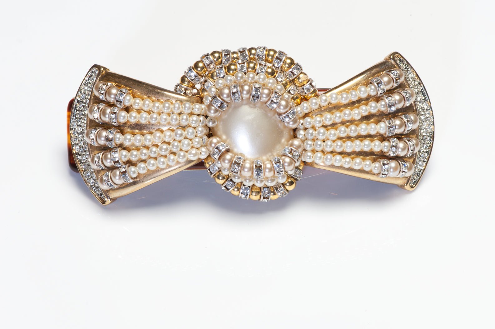 Vintage Francoise Montague Paris Faux Pearl Crystal Bow Hair Clip