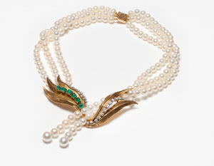 Vintage French 18K Gold Cabochon Emerald Diamond & Pearl Necklace
