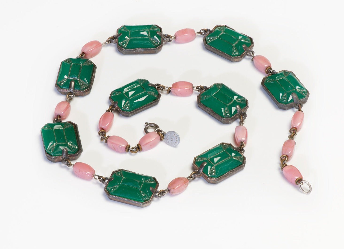 Vintage French Art Deco Style Green Carved Glass Pink Beads Collar Necklace