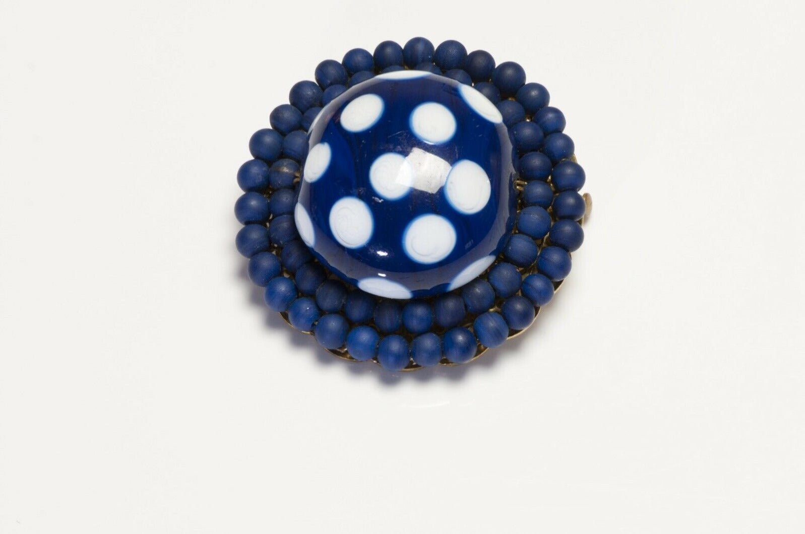 Vintage French Blue White Polka Dot Glass Resin Beads Brooch