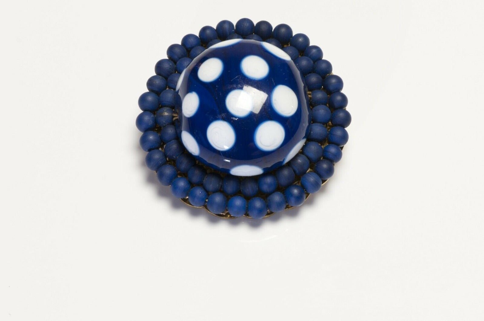 Vintage French Blue White Polka Dot Glass Resin Beads Brooch