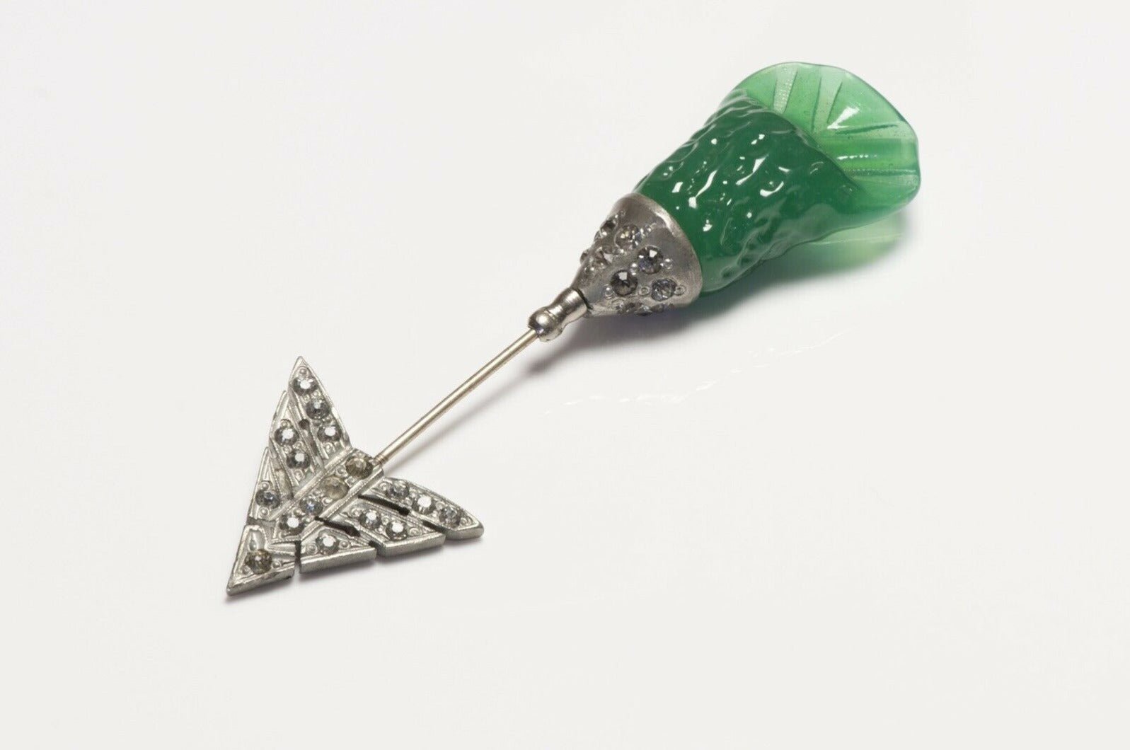 Vintage French Green Poured Glass Crystal Arrow Jabot Brooch
