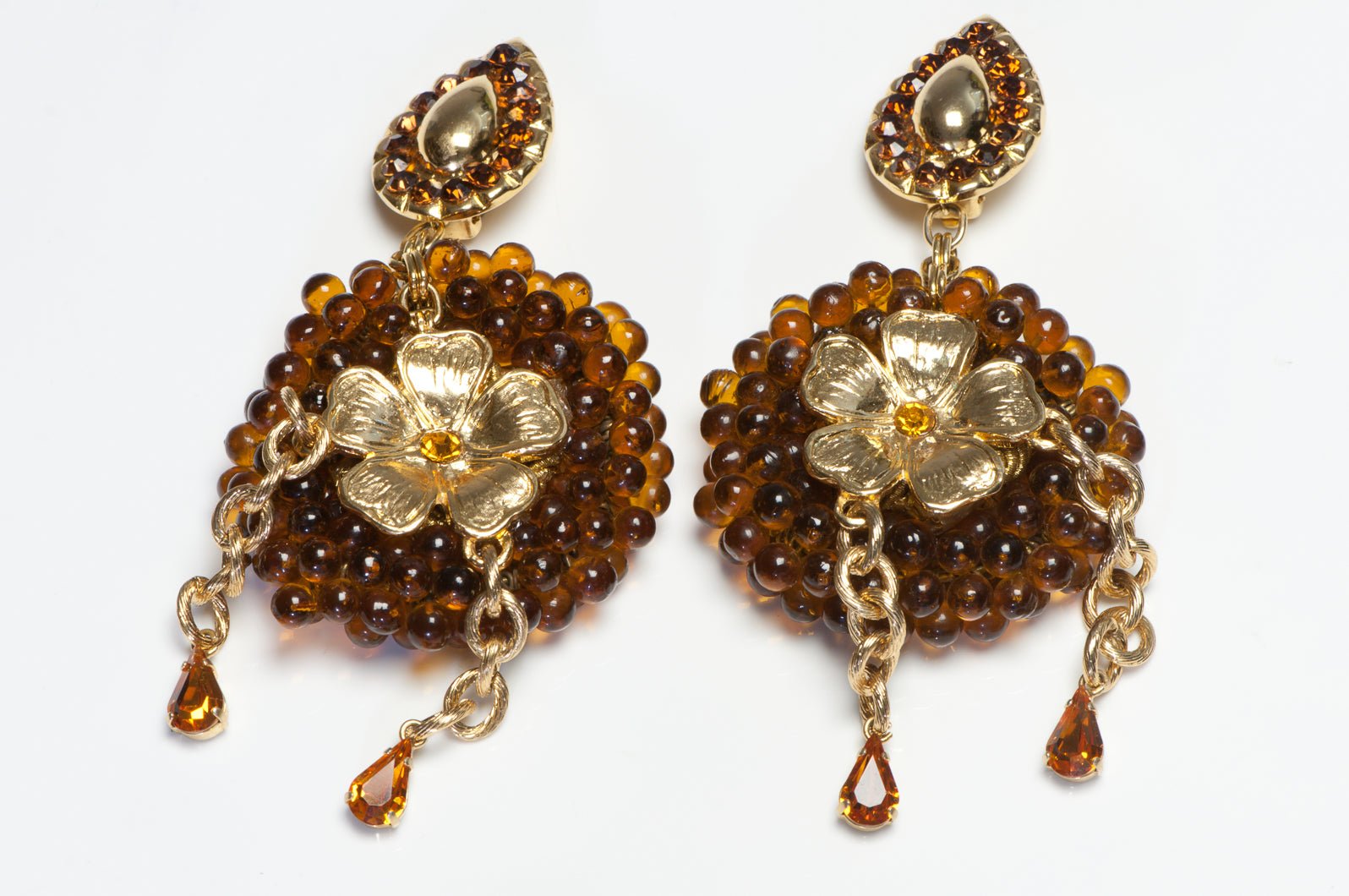 Vintage French Shoulder Duster Brown Glass Beads Crystal Flower Earrings