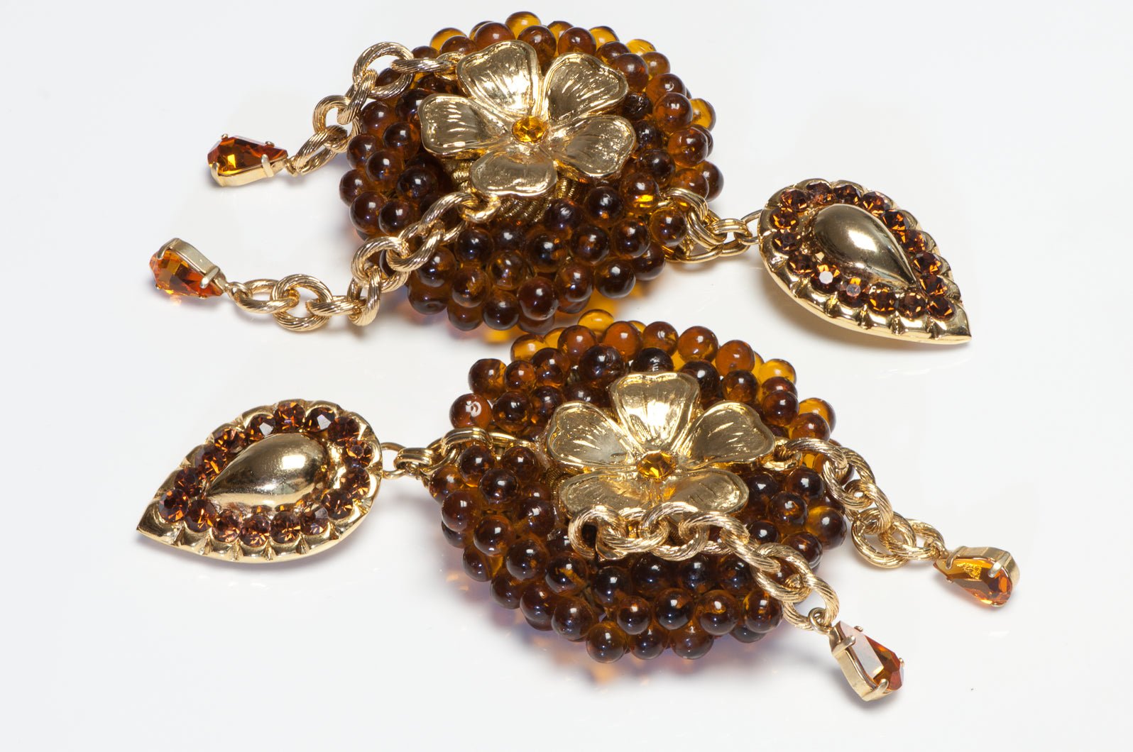 Vintage French Shoulder Duster Brown Glass Beads Crystal Flower Earrings