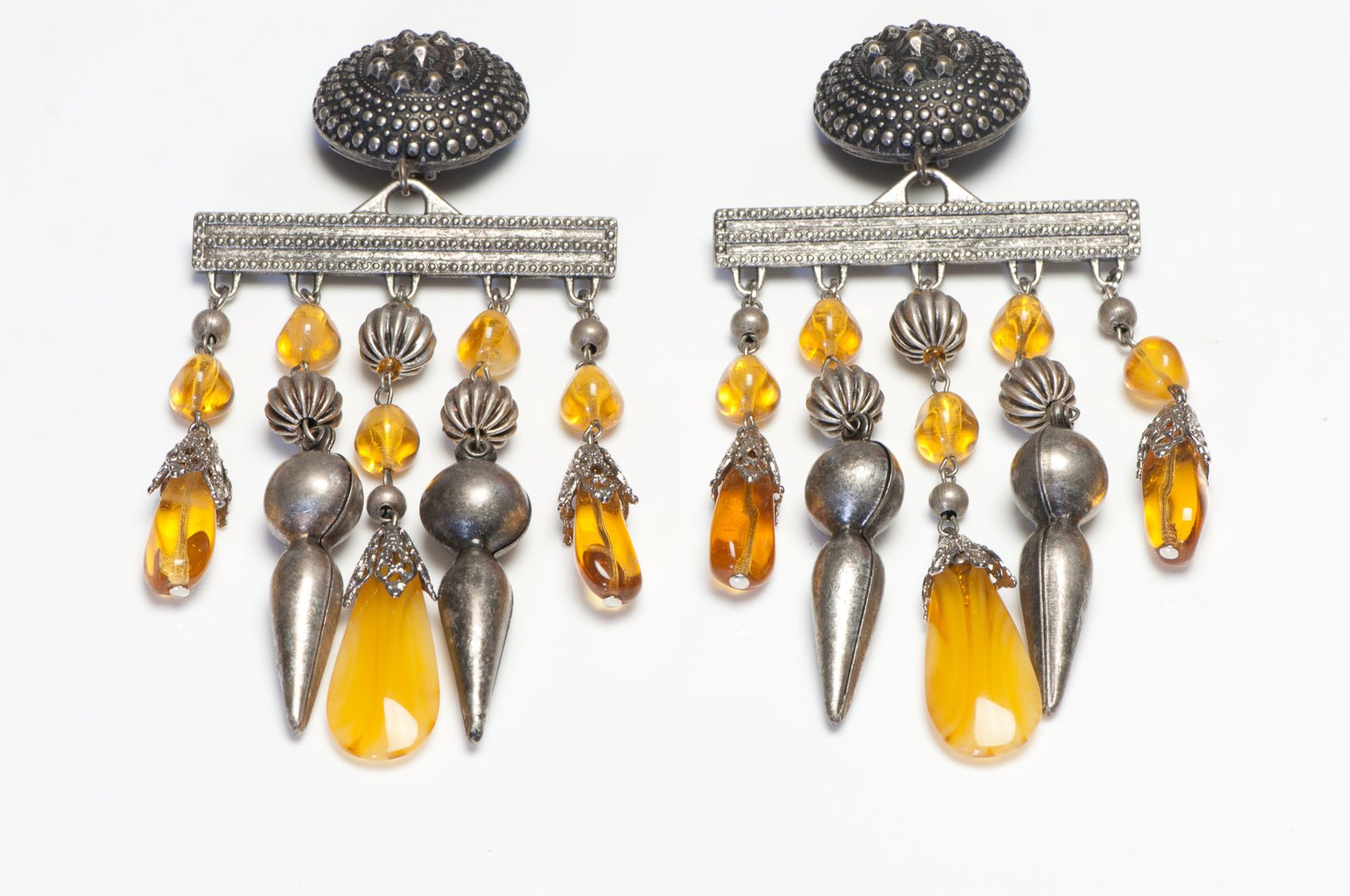 Vintage G Donna Italian Long Yellow Glass Beads Crystal Tassel Earrings