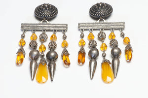Vintage G Donna Italian Long Yellow Glass Beads Crystal Tassel Earrings