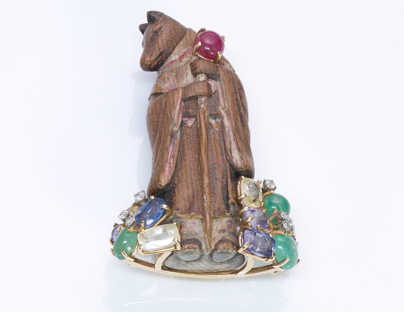Vintage Gemstone & Japanese Carved Wood Wolf Clip Brooch
