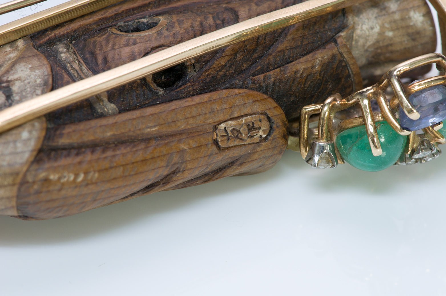 Vintage Gemstone & Japanese Carved Wood Wolf Clip Brooch