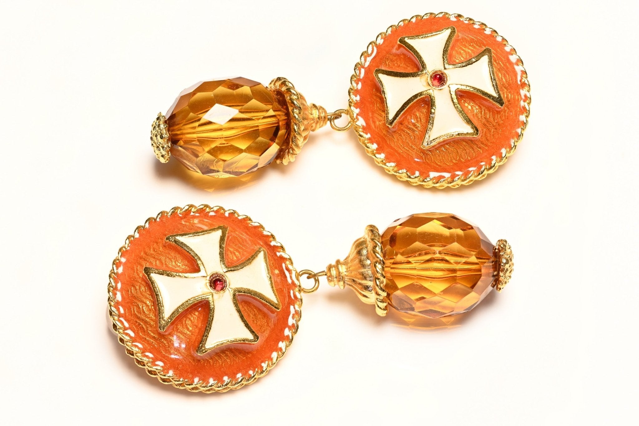 Vintage Gerard Yosca Maltese Cross Orange White Enamel Crystal Drop Earrings