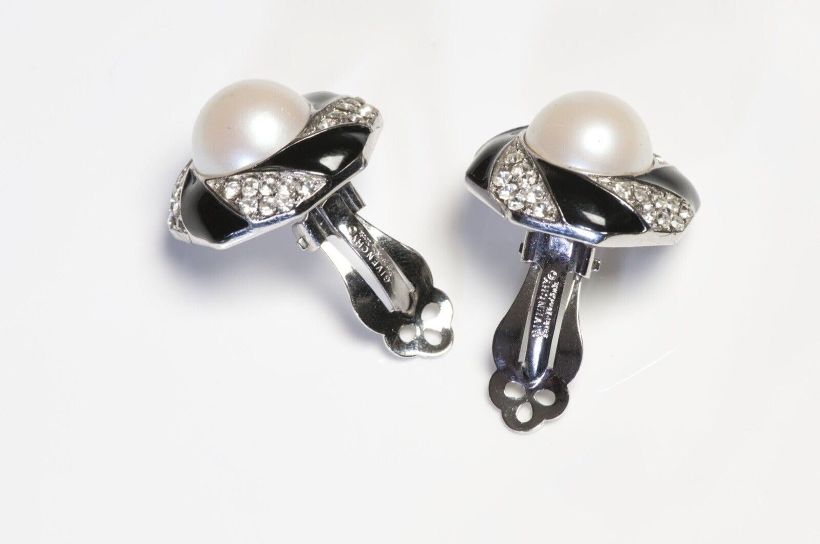 Vintage Givenchy Faux Pearl Crystal Black Enamel Earrings