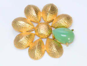 Vintage Givenchy Hammered Gold Tone Green Crystal Brooch