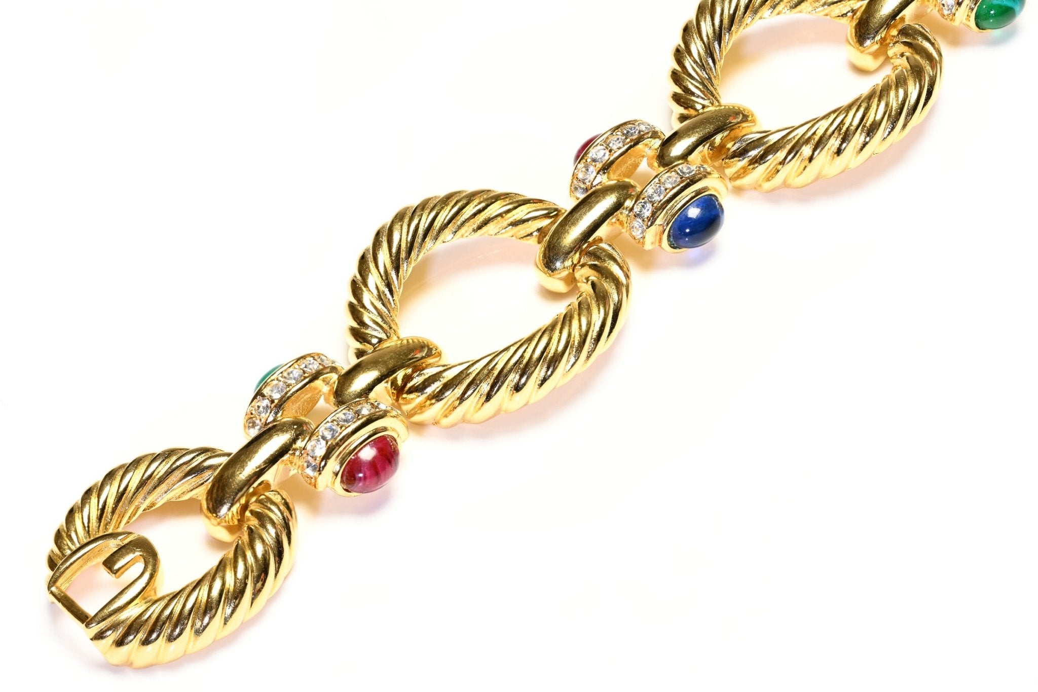 Vintage Givenchy Paris Chain Link Mughal Style Green Blue Red Cabochon Bracelet