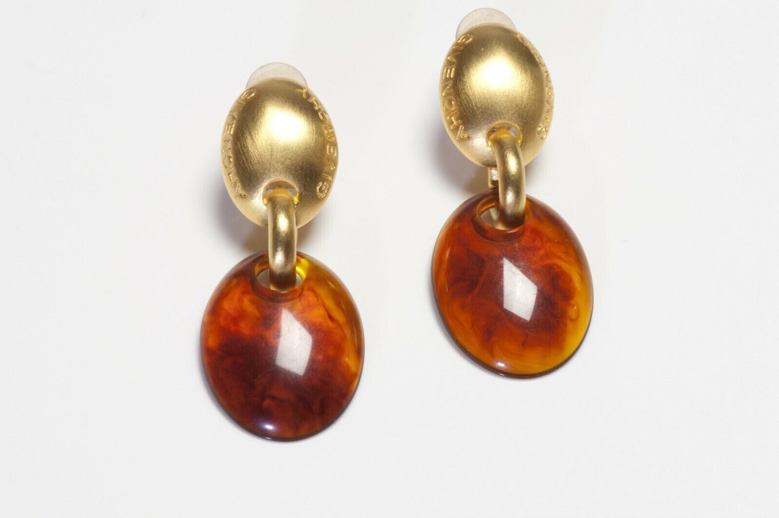 Vintage Givenchy Paris Long Gold Plated Brown Lucite Earrings