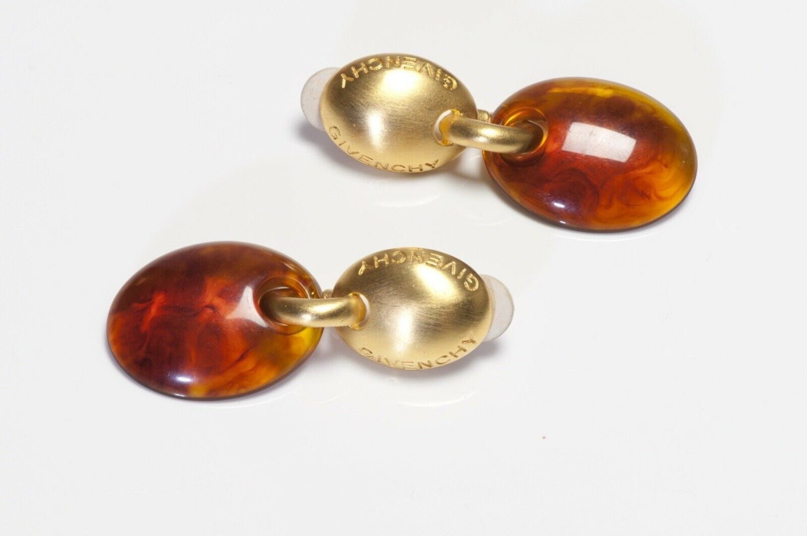 Vintage Givenchy Paris Long Gold Plated Brown Lucite Earrings