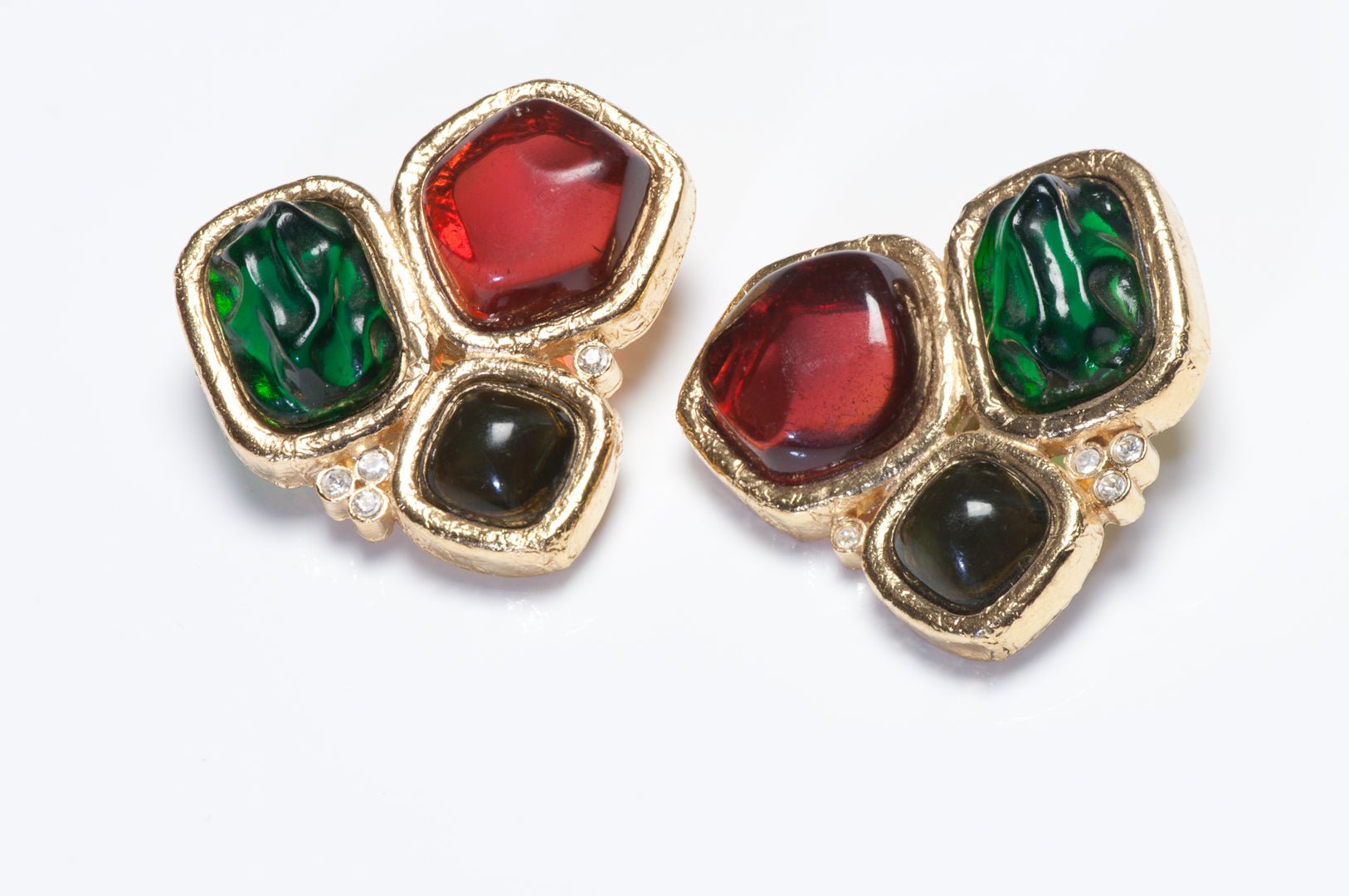 Vintage Givenchy Paris Red Green Cabochon Crystal Charm Brooch Earrings Set