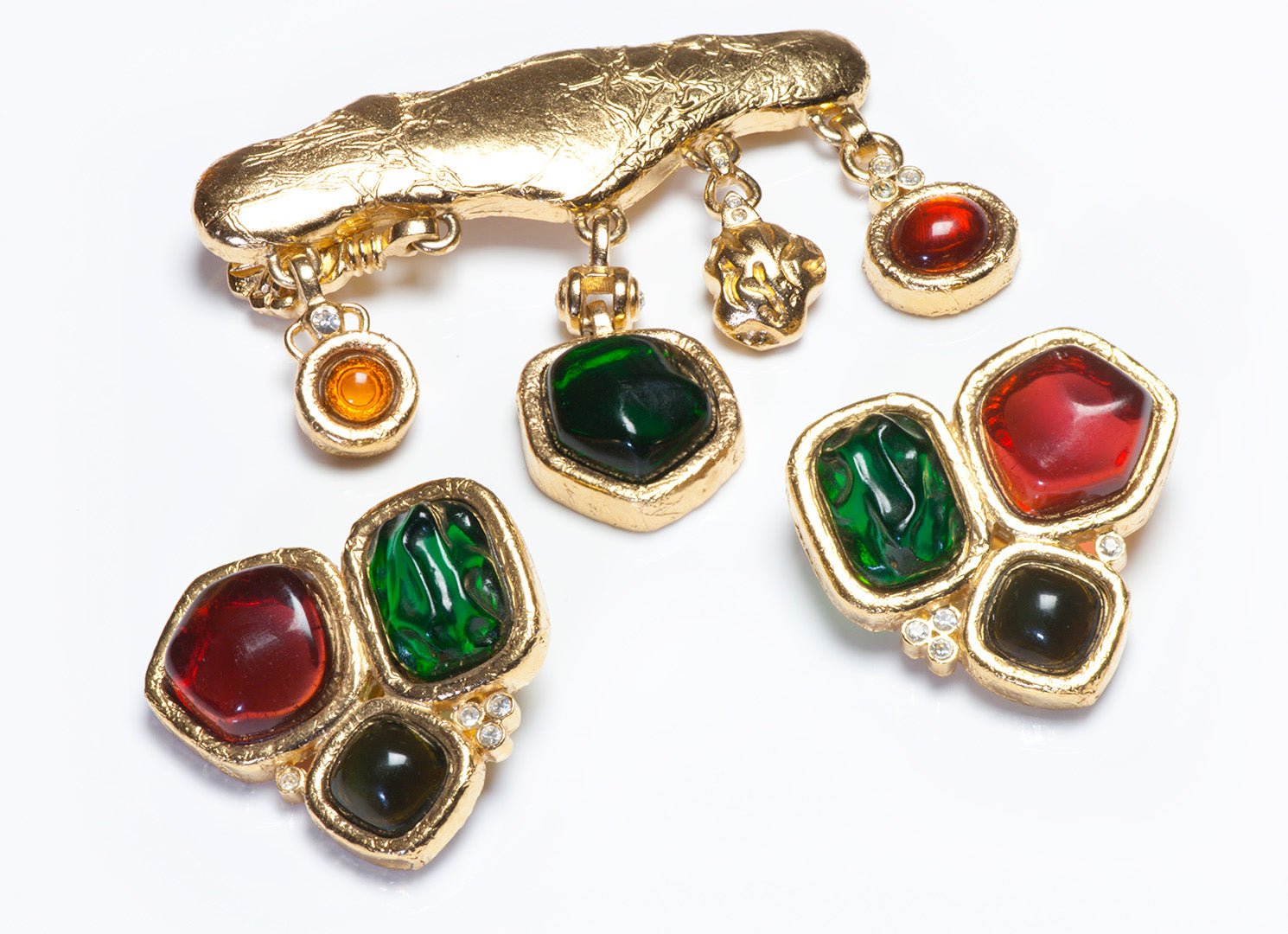 Vintage Givenchy Paris Red Green Cabochon Crystal Charm Brooch Earrings Set