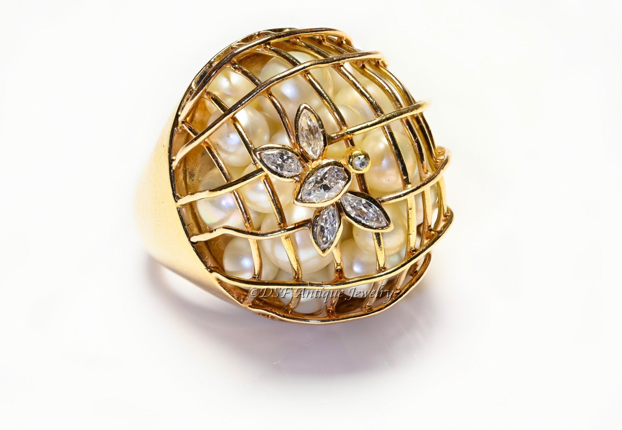 Vintage Gold Pearl Diamond Caged Ring