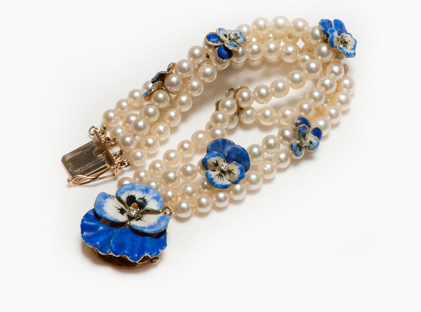 Vintage Gold Pearl Enamel Diamond Pansy Flower Bracelet