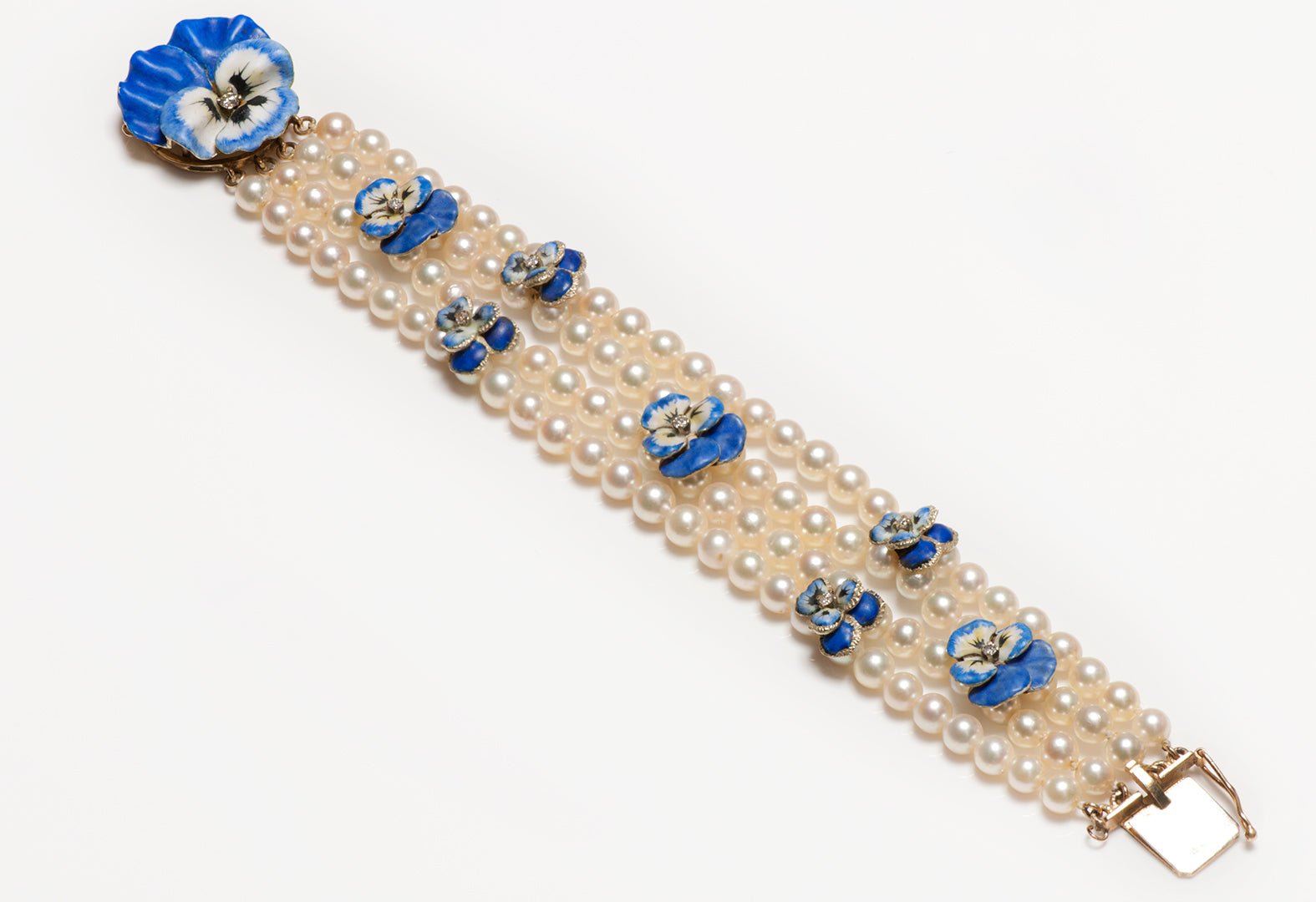 Vintage Gold Pearl Enamel Diamond Pansy Flower Bracelet