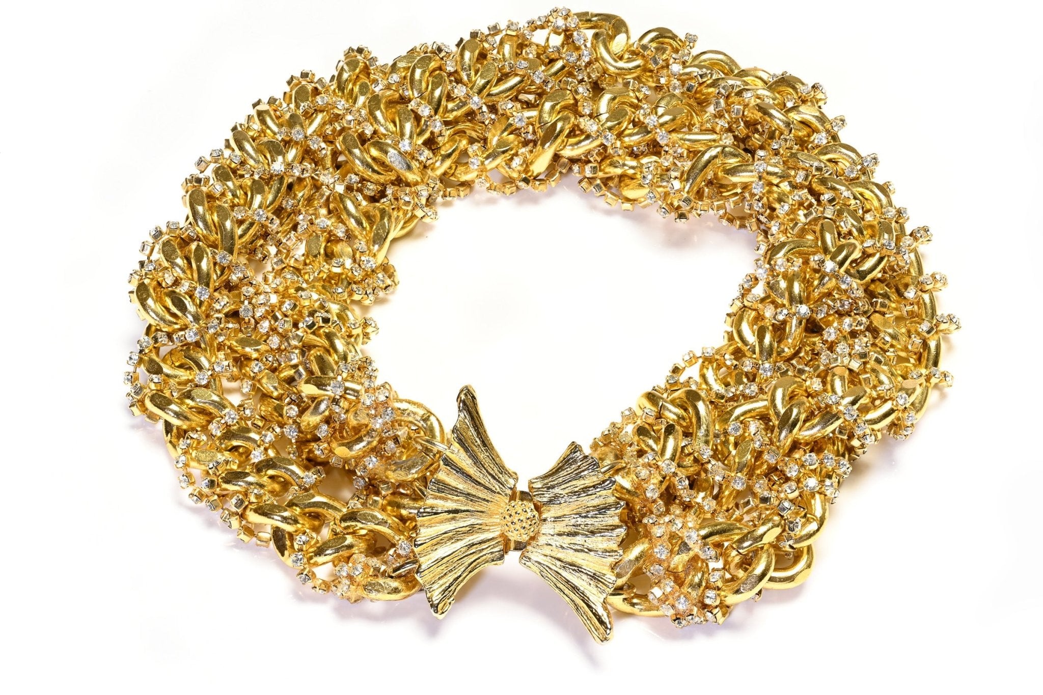 Vintage Gold Plated Wide 3 Strand Chain Link Crystal Twist Collar Necklace