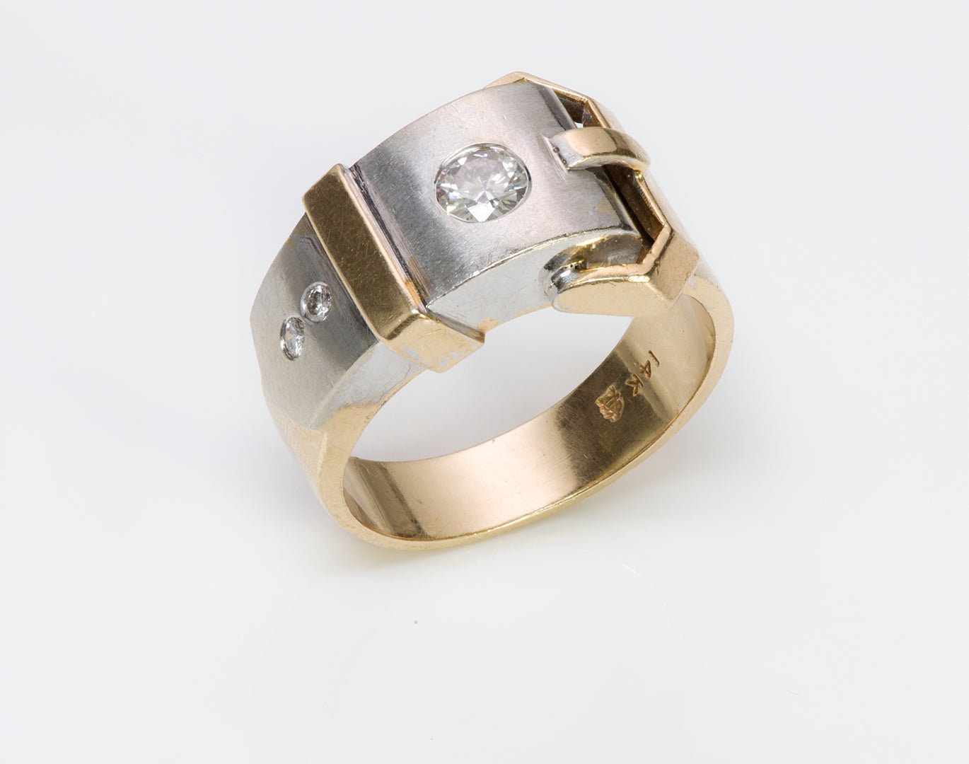 Vintage Gold Platinum Diamond Buckle Men's Ring