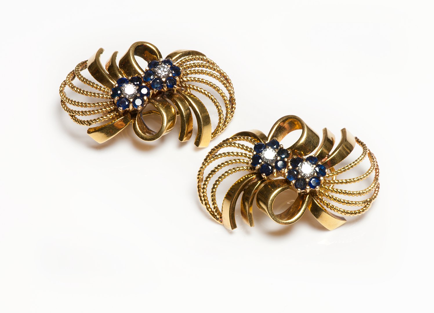 Vintage Gold Sapphire Diamond Swirl Earrings