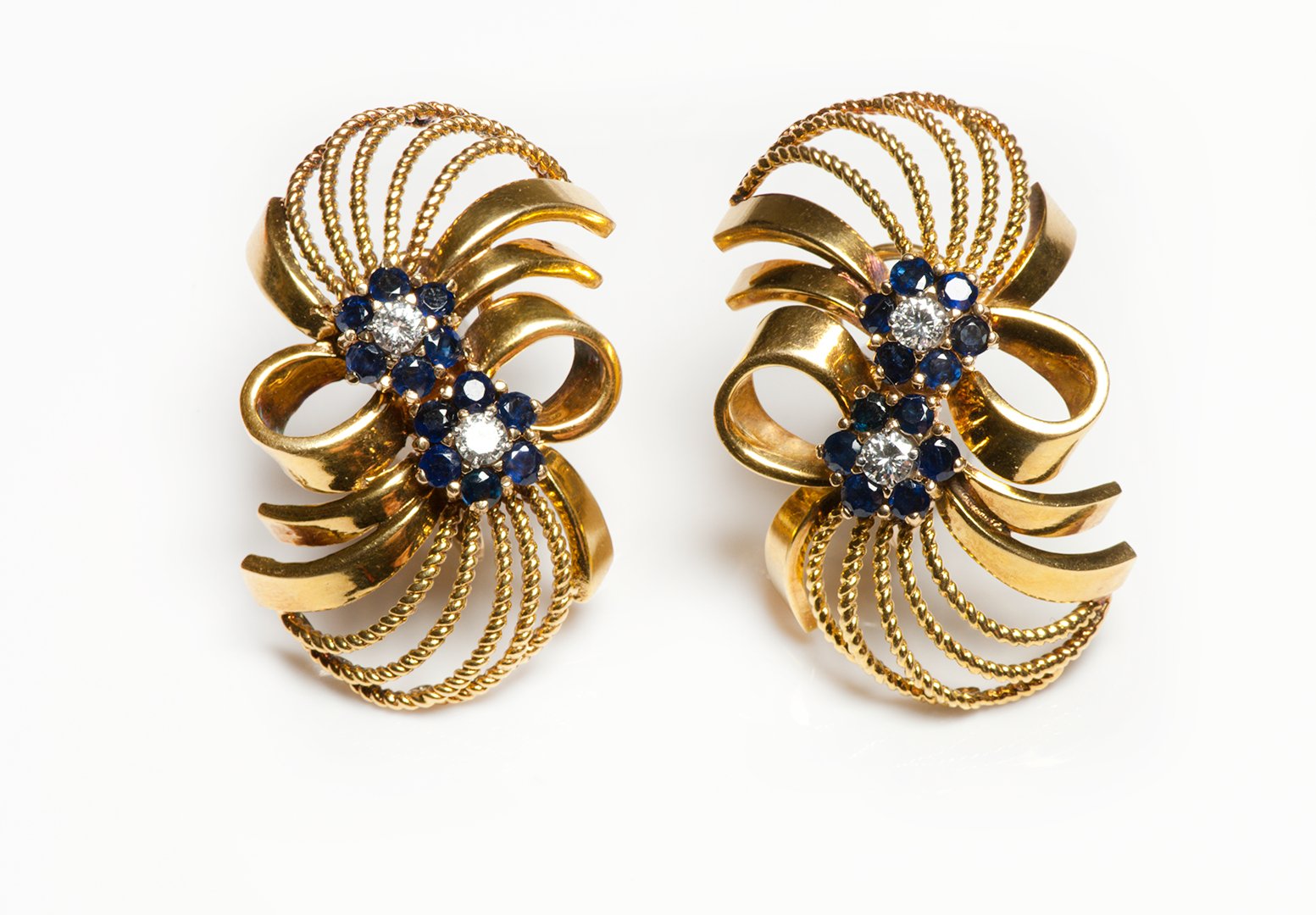 Vintage Gold Sapphire Diamond Swirl Earrings