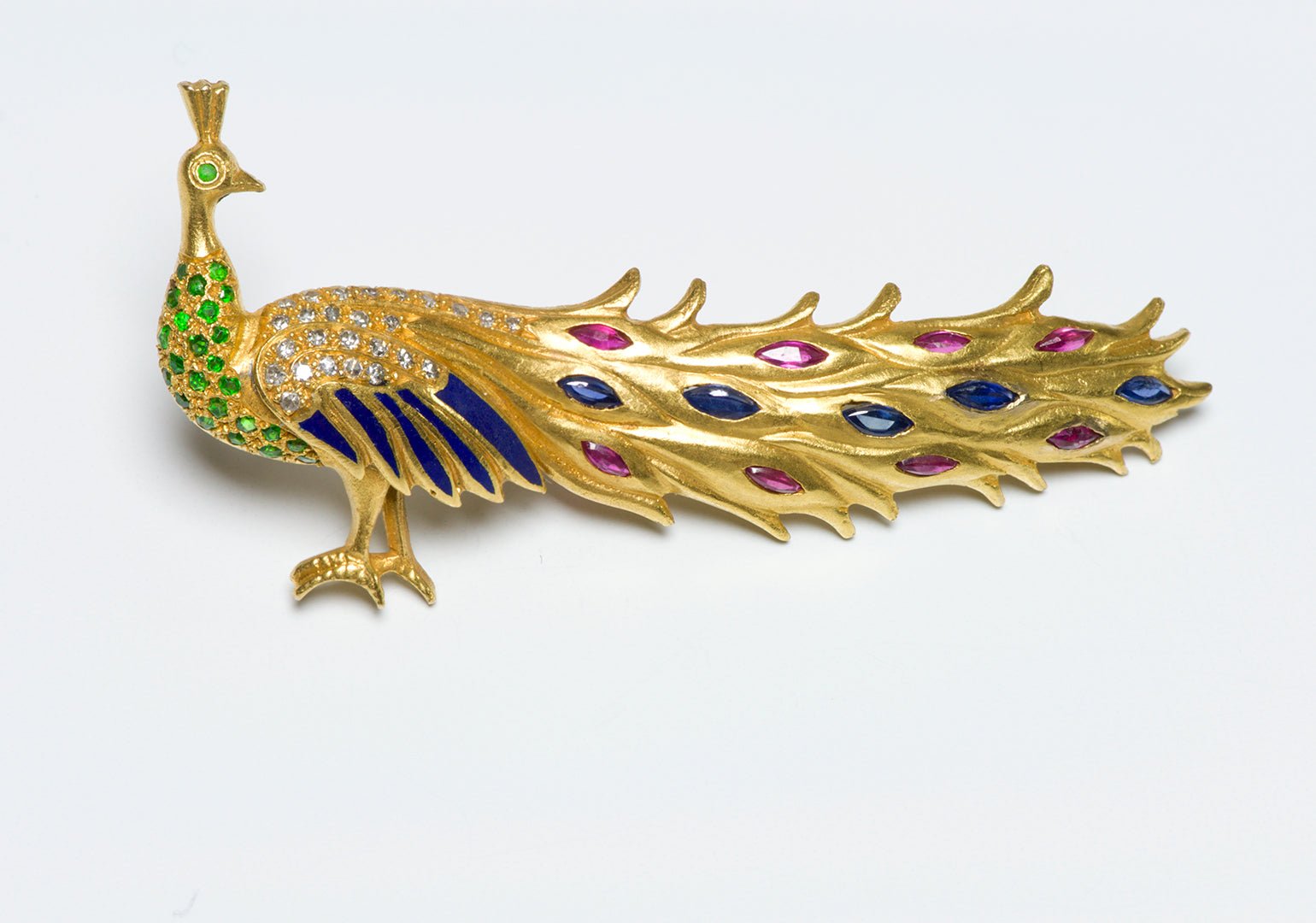Vintage Gold Sapphire Ruby Demantoid Diamond Enamel Peacock Brooch