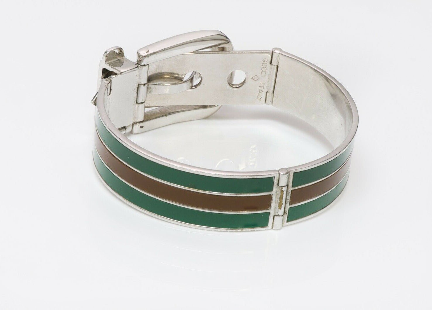 Vintage GUCCI 1970’s Wide Green Brown Stripped Enamel Buckle Bracelet