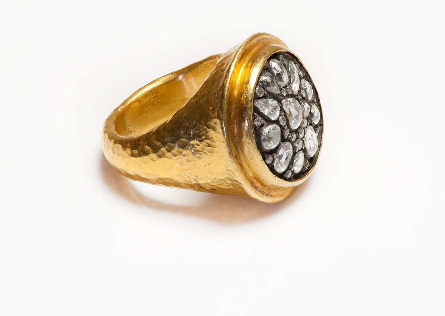 Vintage Hammered 24K Yellow Gold Rose Cut Diamond Ring