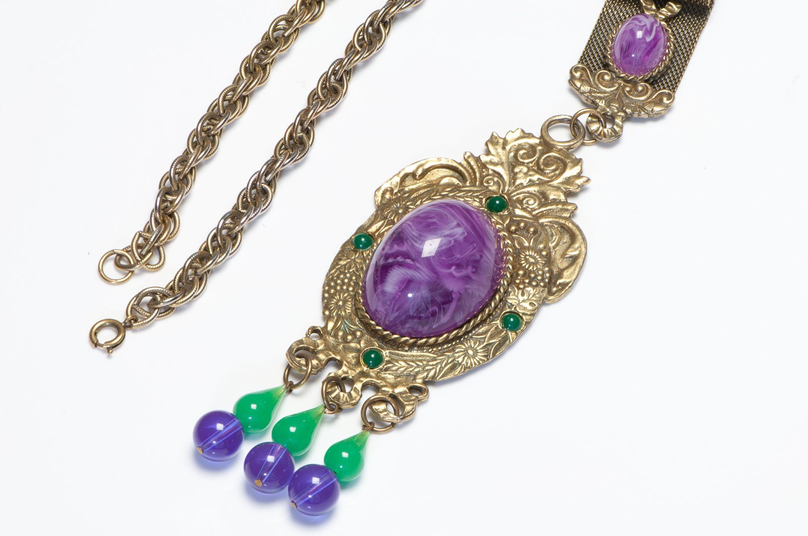 Vintage Hattie Carnegie Purple Green Cabochon Glass Chatelaine Tassel Necklace