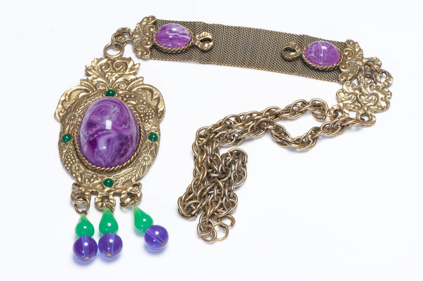 Vintage Hattie Carnegie Purple Green Cabochon Glass Chatelaine Tassel Necklace