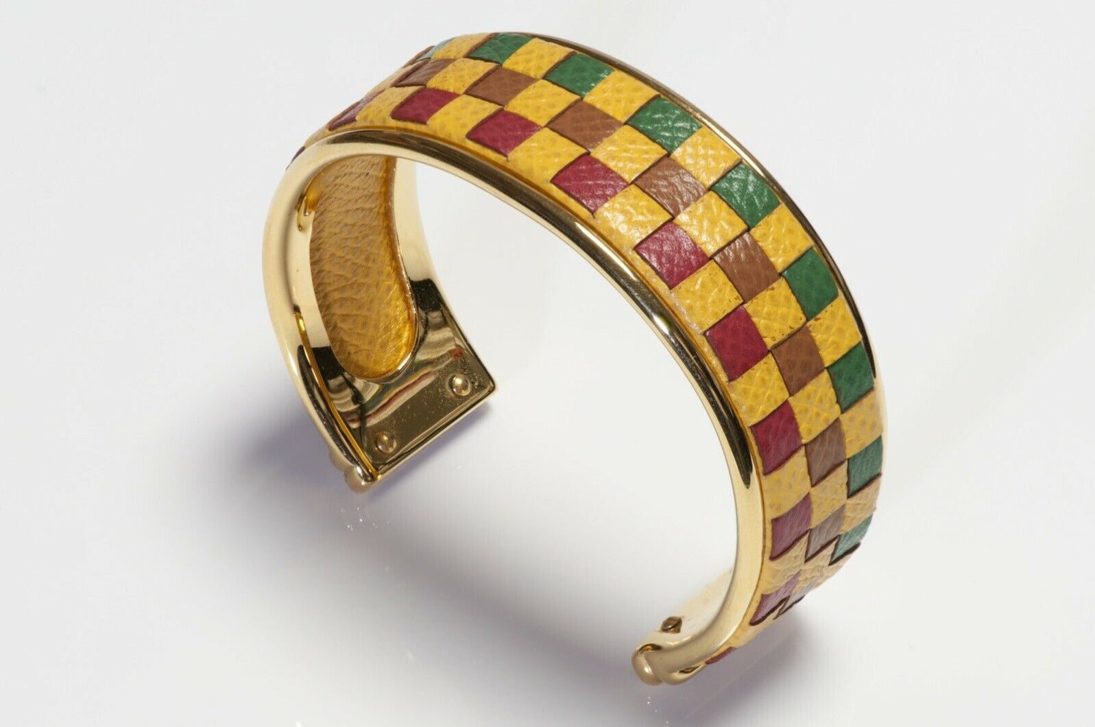 Vintage HERMES Gold Plated Leather Checkered Cuff Bracelet