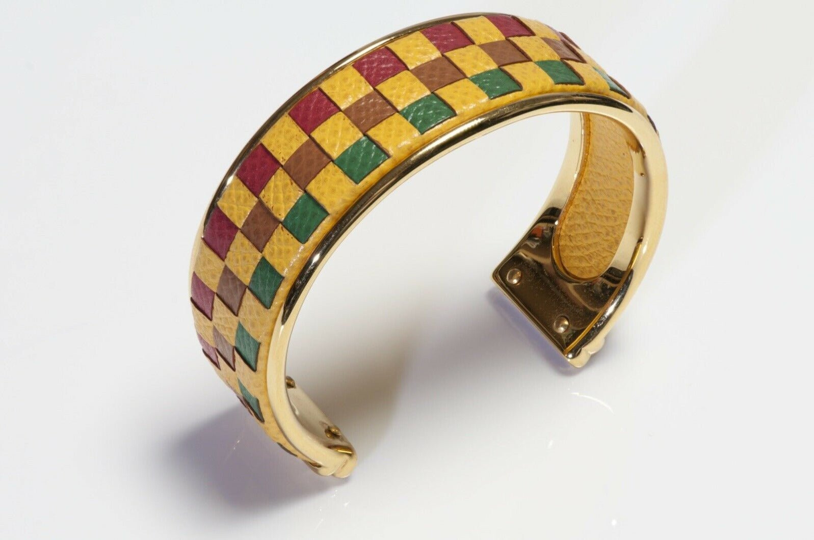 Vintage HERMES Gold Plated Leather Checkered Cuff Bracelet
