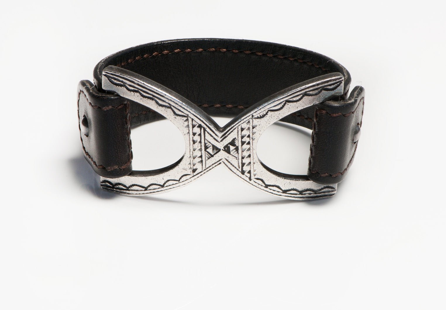 Vintage Hermes Paris Touareg Sterling Silver Brown Leather Bracelet