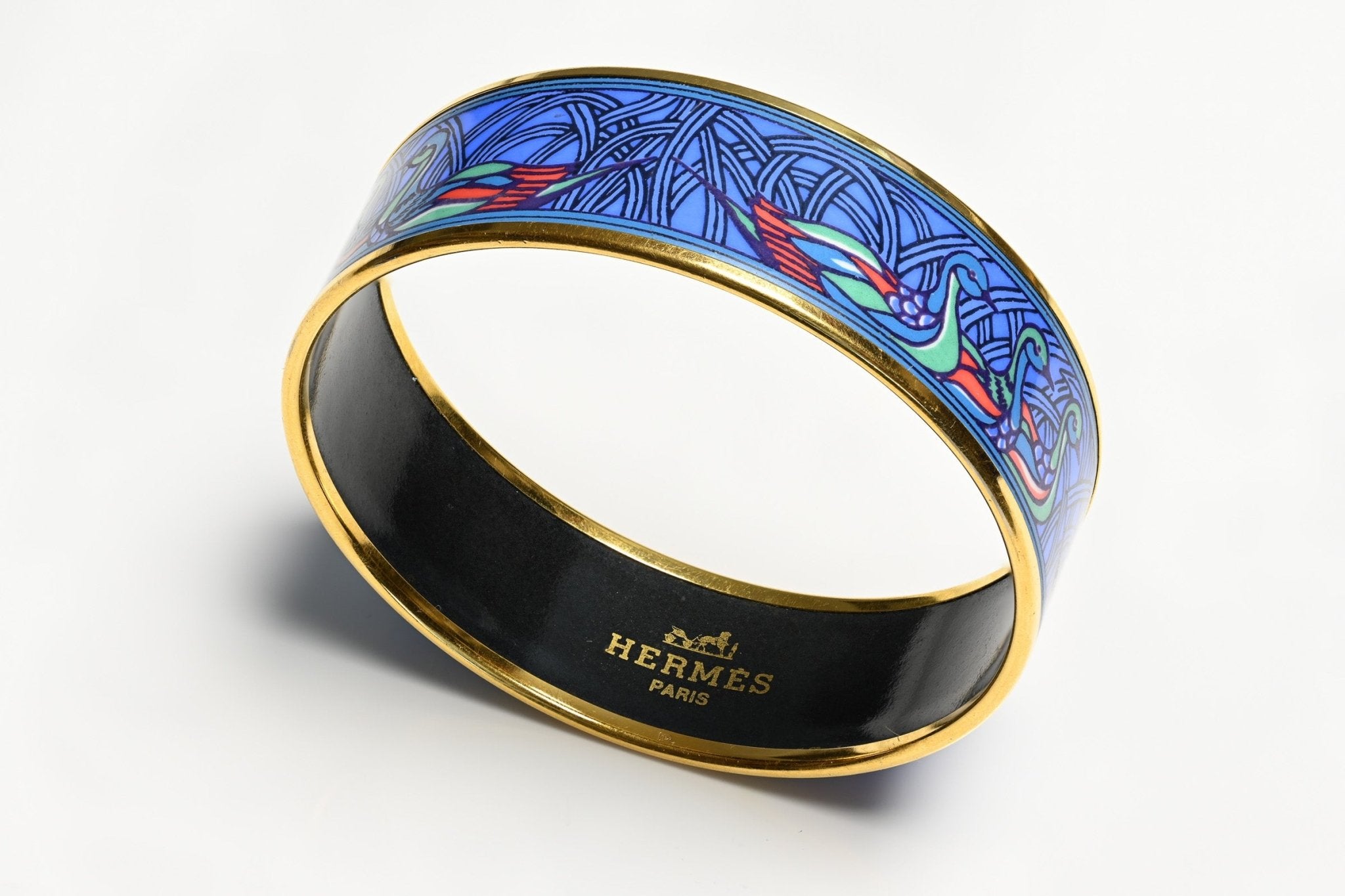 Vintage Hermes Paris Wide Blue Enamel Duck Pattern Bangle Bracelet