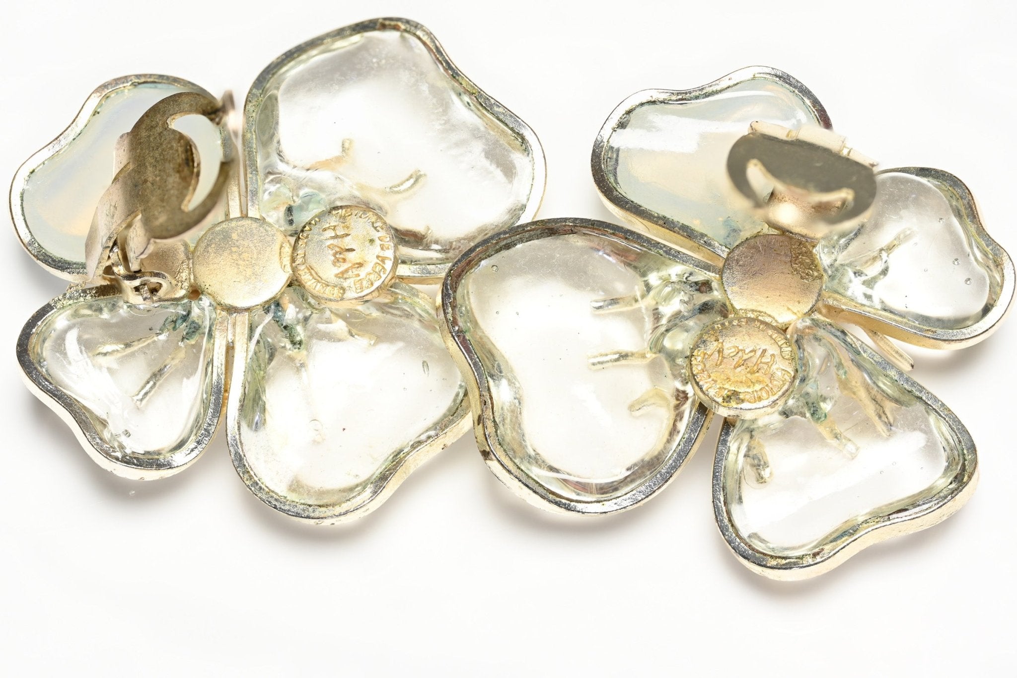 Vintage Histoire de Verre Paris Gripoix Clear Poured Glass Camellia Earrings