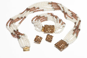 Vintage HOBE Brown Crystal Beads Pearl Necklace Bracelet Earrings Set