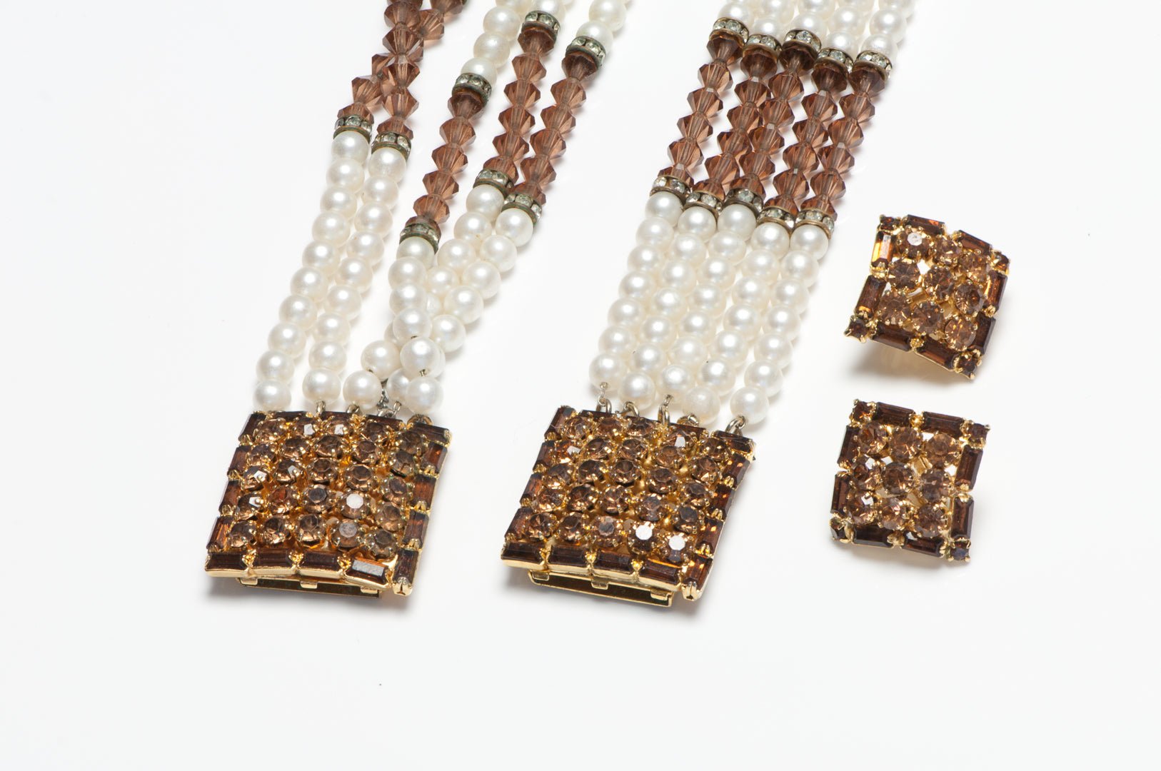 Vintage HOBE Brown Crystal Beads Pearl Necklace Bracelet Earrings Set