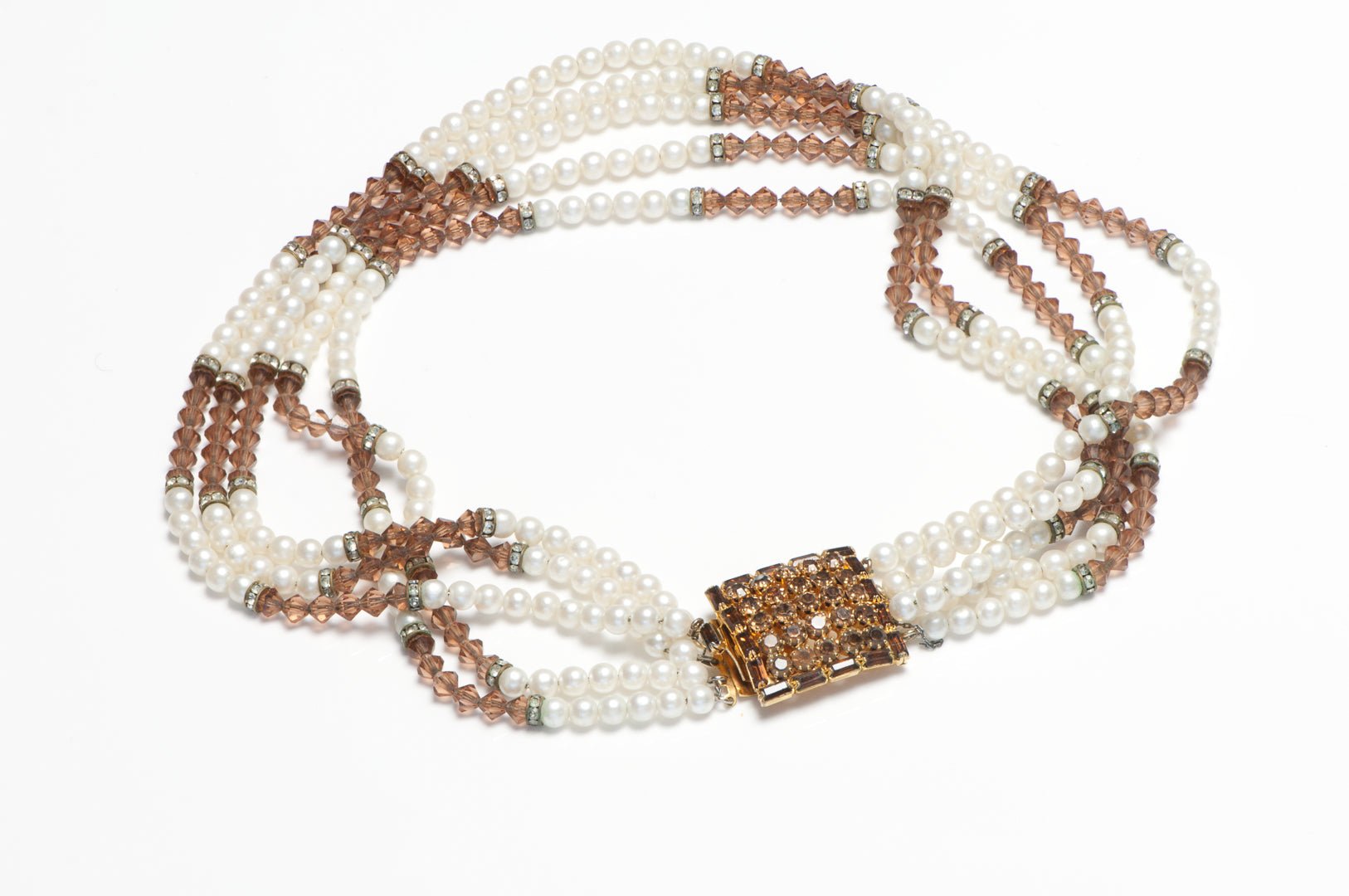 Vintage HOBE Brown Crystal Beads Pearl Necklace Bracelet Earrings Set