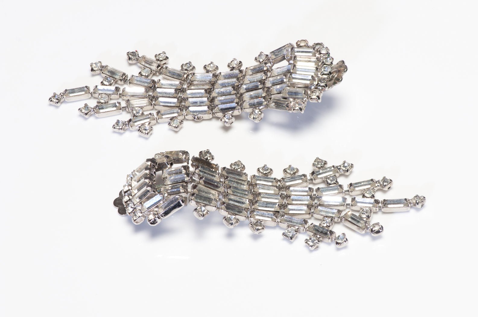 Vintage Hobe Long Rhodium Plated Crystal Tassel Earrings