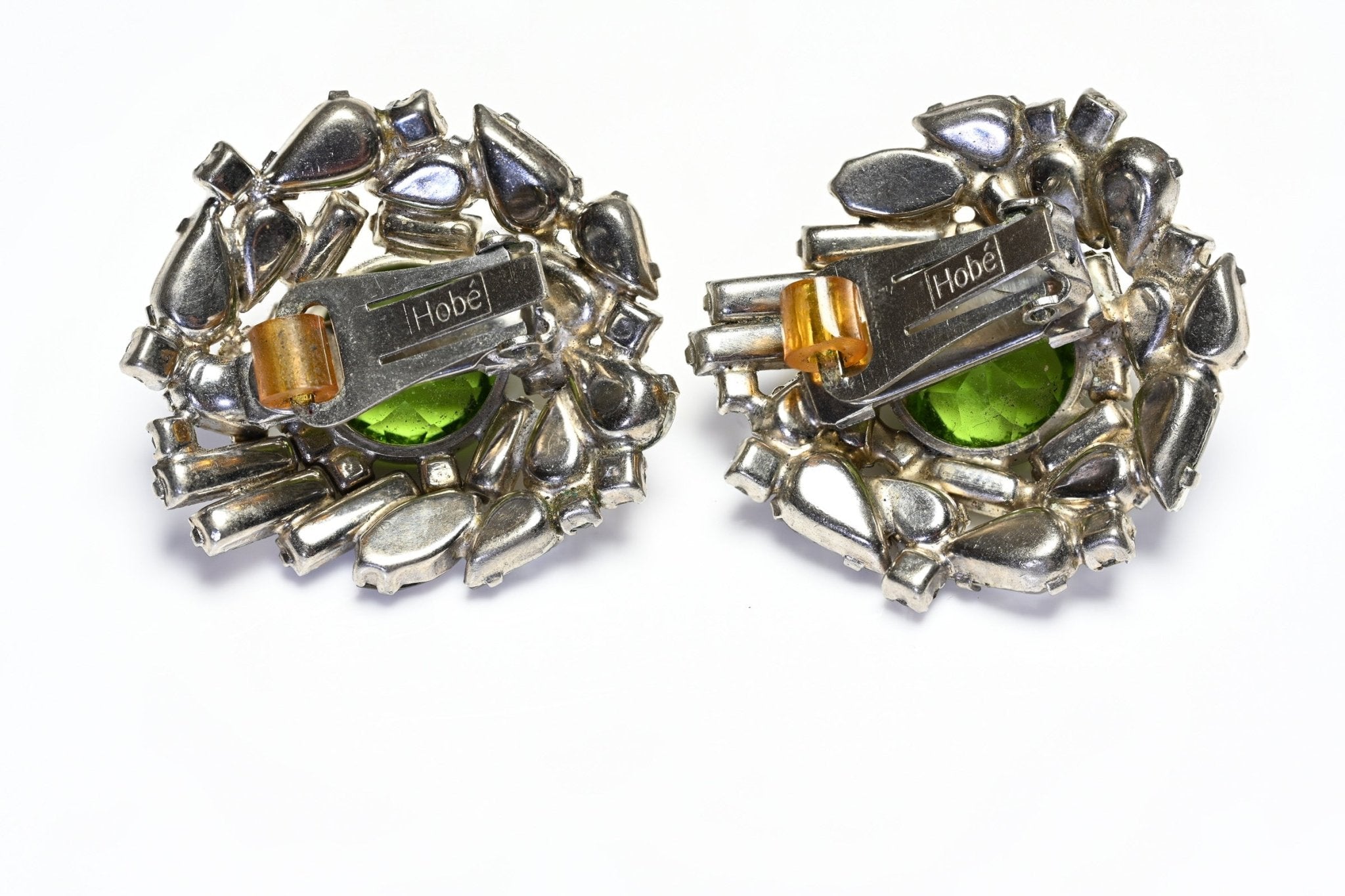 Vintage Hobe Rhodium Plated Green Crystal Large Earrings