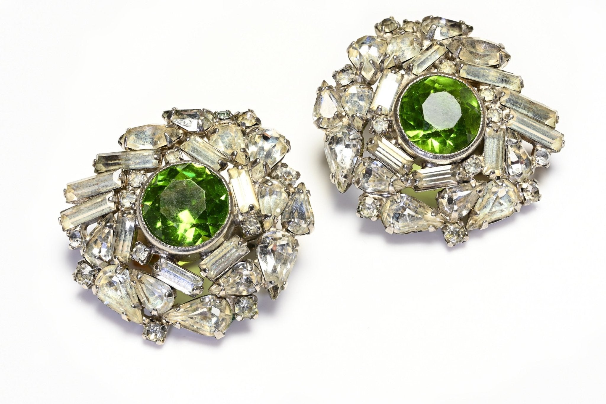 Vintage Hobe Rhodium Plated Green Crystal Large Earrings