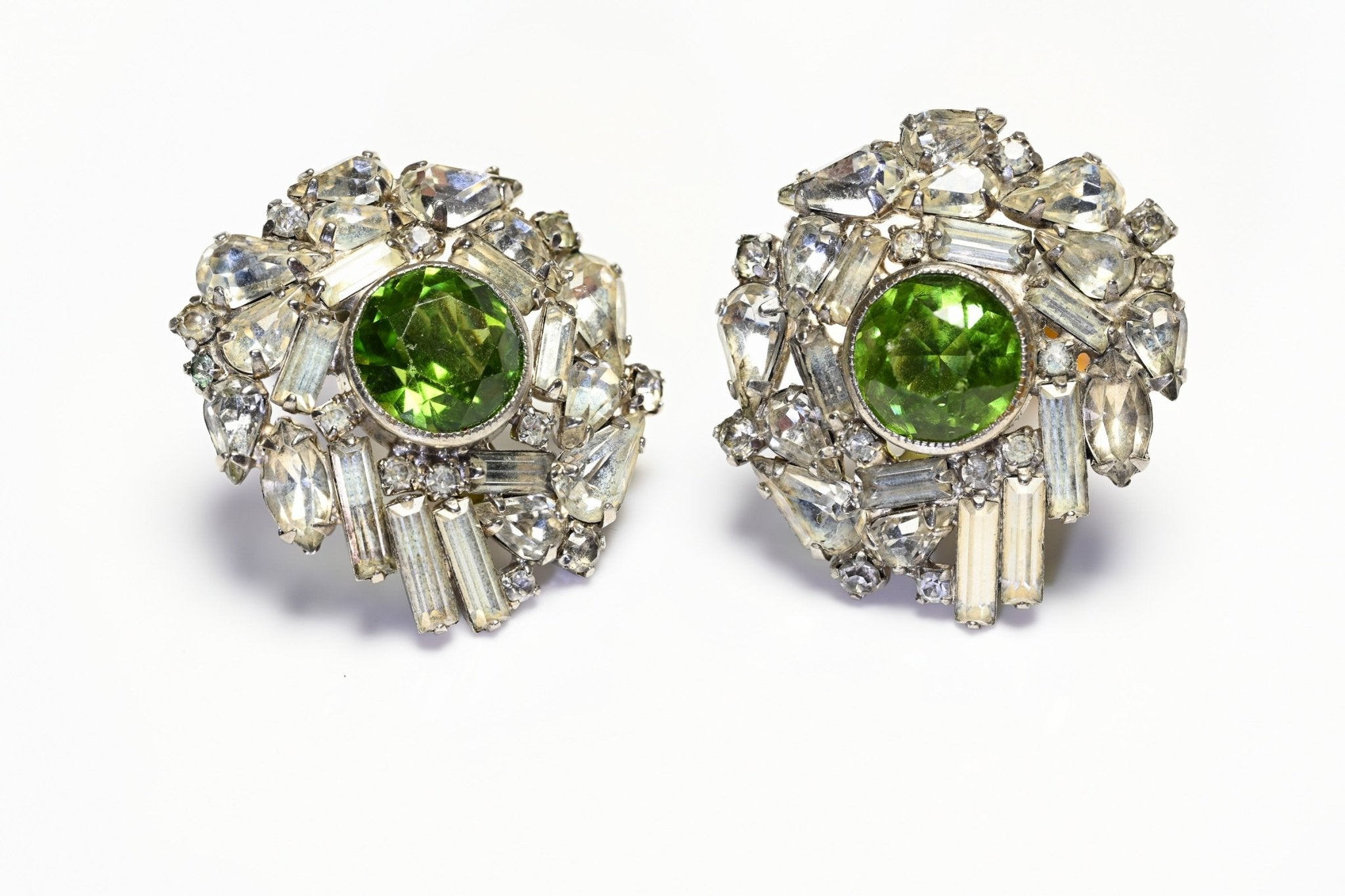 Vintage Hobe Rhodium Plated Green Crystal Large Earrings