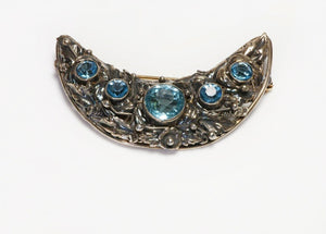 Vintage HOBE Sterling Silver 14K Gold Blue Crystal Crescent Moon Brooch